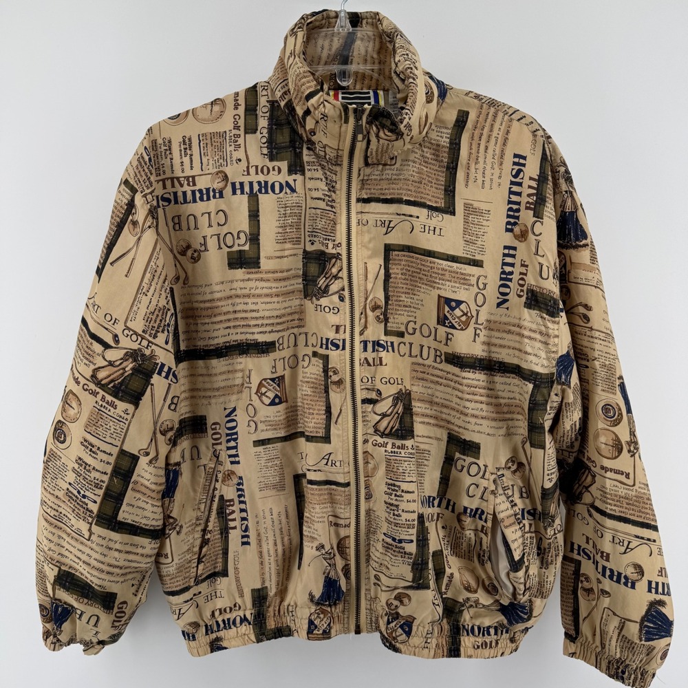EVR Silk Windbreaker Womens Small Tan Newspaper Golf Print Vintage Zip Jacket